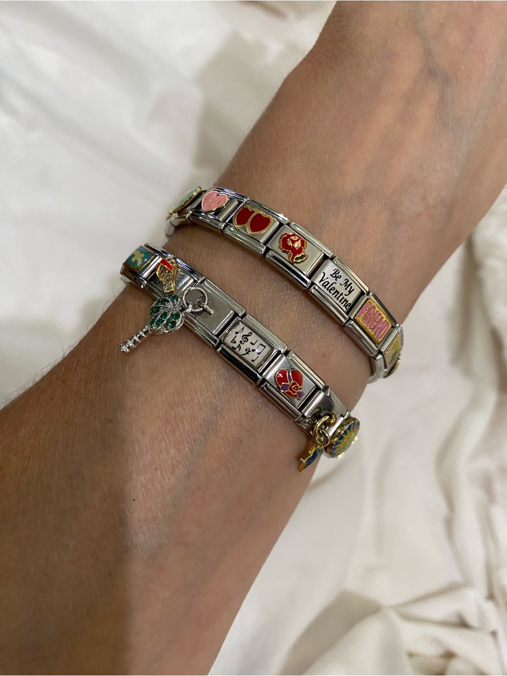 Sterling-Tone Enamel Charm Italian Link Bracelet - Multi Color